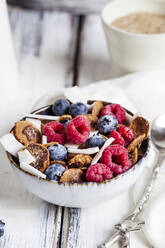 Bowl of homemade cereals with coconut, raspberries and blueberries - SBDF04398