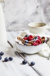 Bowl of homemade cereals with coconut, raspberries and blueberries - SBDF04399