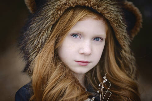 Young Girl Long Red Hair Wearing Bear Spirit Hood - CAVF90092