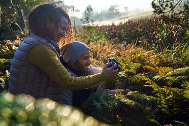 Happy hiking couple using camera among sunny ferns and undergrowth - CAIF30021