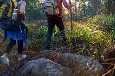 Paar mit Rucksäcken beim Wandern im hohen Gras - CAIF30034