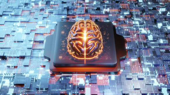 Illustration eines dreidimensionalen menschlichen Gehirns auf einer Leiterplatte - SPCF01102