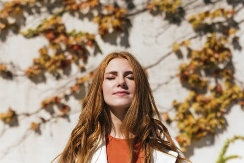 Beautiful redhead woman standing against ivy wall - TCEF01236