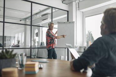 Businessman explaining colleague while standing by whiteboard at office - GUSF04493