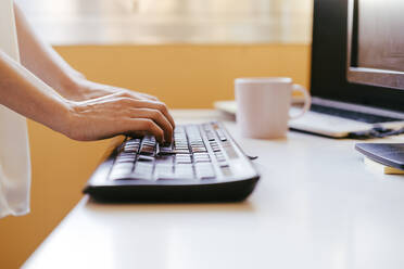 Hands of woman using computer keyboard while standing at home - EBBF01078