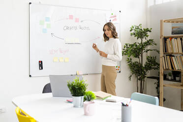 Businesswoman looking at laptop while standing by whiteboard at office - GIOF09364