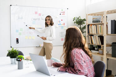 Businesswoman explaining business plan to colleague while standing by whiteboard at office - GIOF09374