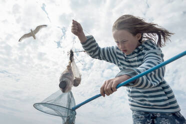 Excited Girl Catches Fish With A Net Stock Photo - Download Image