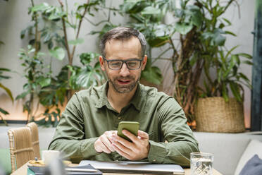Lächelnder Geschäftsmann, der ein Mobiltelefon benutzt, während er in einem Cafe sitzt - VPIF03204