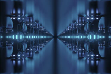 Dreidimensionale Rendering von Reihen von Spalten entlang blau futuristischen Korridor im Inneren Raumschiff oder Raumstation - SPCF01106