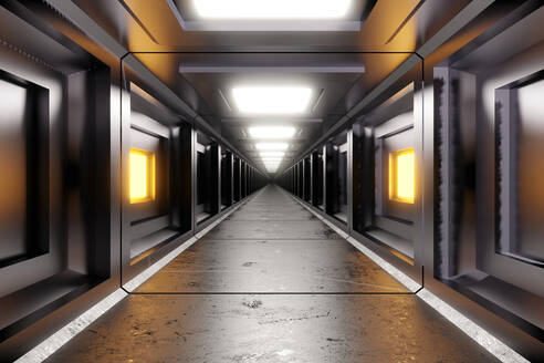Dreidimensionales Rendering von geraden futuristischen Korridor innerhalb Raumschiff oder Raumstation - SPCF01107