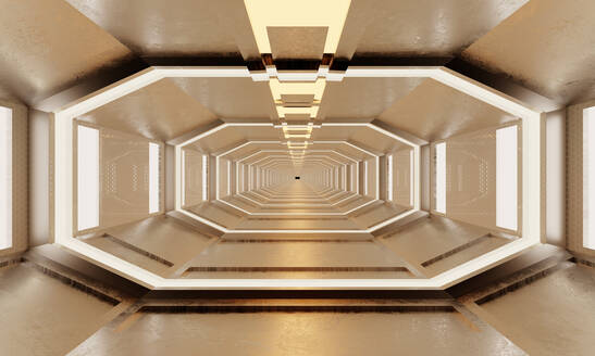 Dreidimensionales Rendering von geraden futuristischen Korridor innerhalb Raumschiff oder Raumstation - SPCF01112