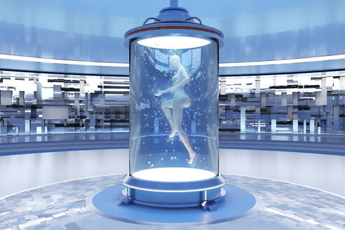 Three dimensional render of naked woman floating inside storage tank of human cloning facility - SPCF01114