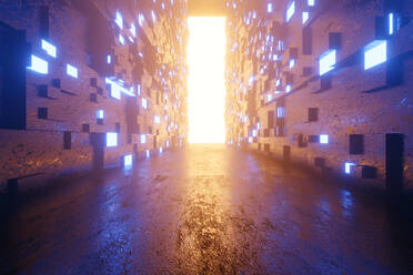 Three dimensional render of glowing portal at end of futuristic corridor - SPCF01119