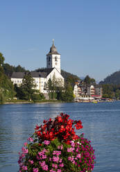 Österreich, Oberösterreich, St. Wolfgang im Salzkammergut, Blühende Blumen am Ufer des Wolfgangsees im Sommer mit Kirche im Hintergrund - WWF05519