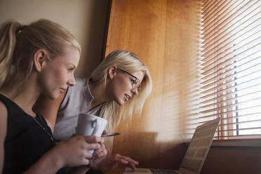 Junge Kolleginnen, die bei der Arbeit zu Hause über ihren Laptop diskutieren - AJOF00470