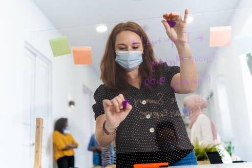 Young woman writing on screen partition while standing with coworker in background at office - MPPF01228