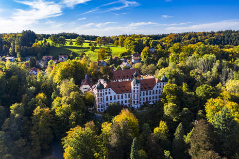 Deutschland, Bayern, Eurasburg, Blick aus dem Hubschrauber auf Schloss Eurasburg im Sommer - AMF08619