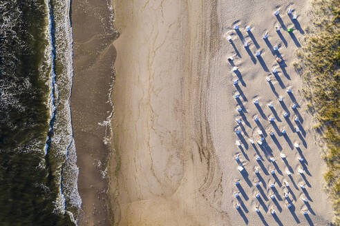 Aerial view of hooded beach chairs on sandy coastal beach - WDF06374