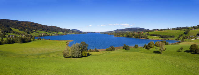 Panoramablick auf den See mit Wiese gegen blauen Himmel an einem sonnigen Tag, Salzkammergut, Österreich, Irrsee - WWF05616