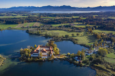 Germany, Bavaria, Seeon-Seebruck, Aerial view of Seeon Lakes and Seeon Abbey - HAMF00789