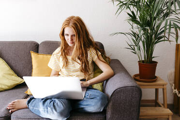 Junge Frau benutzt einen Laptop, während sie zu Hause auf dem Sofa sitzt - TCEF01269