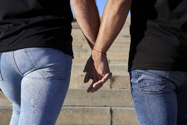 Gay couple holding hands while standing on steps - VEGF03063