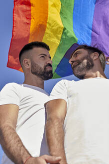 Hübsches schwules Paar steht unter Regenbogenflagge - VEGF03096