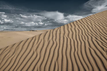 Natürliches Wellenmuster auf den Cadiz-Dünen gegen den Himmel in der Mojave-Wüste, Südkalifornien, USA - BCDF00484