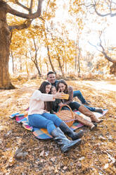 Familie nimmt Selfie auf Smartphone, während im Park sitzen im Herbst - WPEF03525