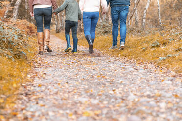 Niedriger Ausschnitt einer Familie, die im Herbst im Park spazieren geht - WPEF03543