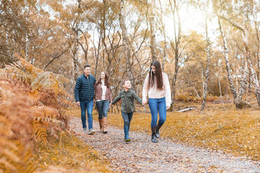 Familie hält sich an den Händen und geht im Herbst im Park spazieren - WPEF03547