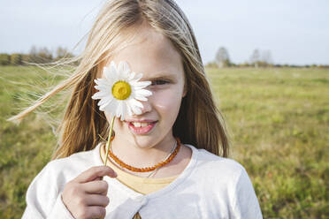 Cute girl covering eye with chamomile flower at field - EYAF01389