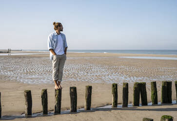 Young man looking at view while standing on wooden post at beach against clear sky - UUF21997