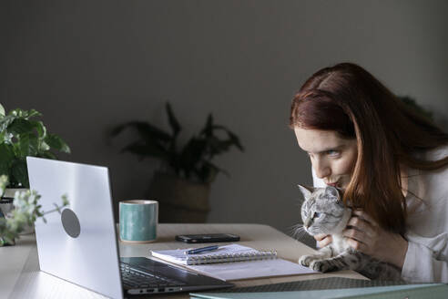 Junge Frau küsst Katze bei der Arbeit am Laptop zu Hause - AFVF07443