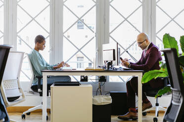 Business professionals working at desk against window in office - JRFF04899