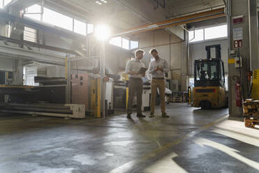 Geschäftsleute arbeiten im Stehen in einer Fabrik - DIGF13082