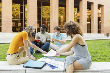 Male and female friends studying together in campus at university - IFRF00022