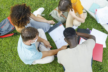 Students sitting on grass while studying together in university campus - IFRF00030