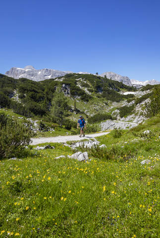 Senior man hiking in Hoher Dachstein during summer stock photo