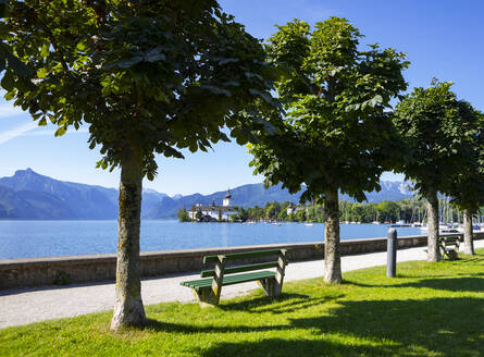 Schloss Ort durch Bäume auf Esplanade gesehen, Gmunden, Salzkammergut, Oberösterreich, Österreich - WWF05659