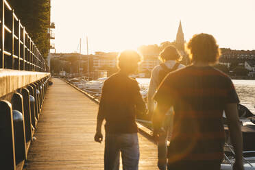 Rückansicht eines Teenagers mit männlichen Freunden beim Spaziergang am Hafen bei Sonnenuntergang - MASF20720