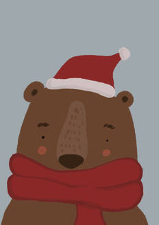 Clip art of brown bear wearing scarf and Santa hat - SBAF00086