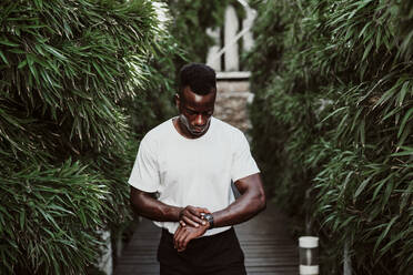 Male athlete checking smart watch while standing amidst plant - EBBF01347