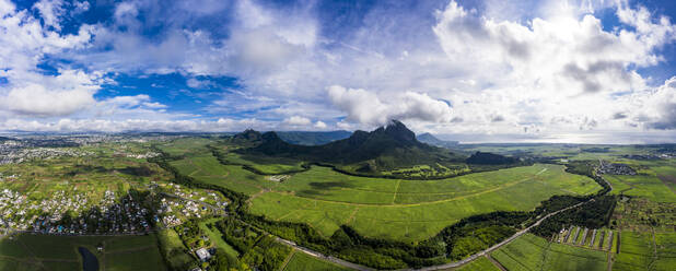 Mauritius, Black River, Flic-en-Flac, Helicopter view of Rempart Mountain and surrounding landscape in summer - AMF08671