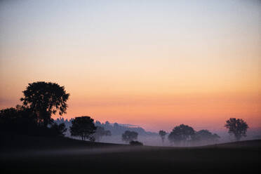 Morgendämmerung erhellt morgendlichen Bodennebel auf einem Bauernhof - CAVF90217