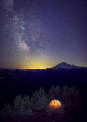 A tent is under the Milky Way on the top of a mountain, Washington, US - CAVF90238