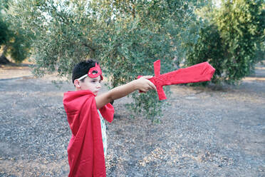 Child disguised as a red superhero points his sword at the ghosts - CAVF90381