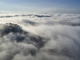 Luftaufnahme von tief hängenden Wolken, die bewaldete Hügel einhüllen - BCDF00529