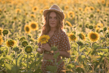 Fröhliche junge Frau in Sommerkleid und Hut, die eine Sonnenblume hält, während sie inmitten eines blühenden Feldes an einem sonnigen Tag auf dem Lande steht und wegschaut - ADSF17494